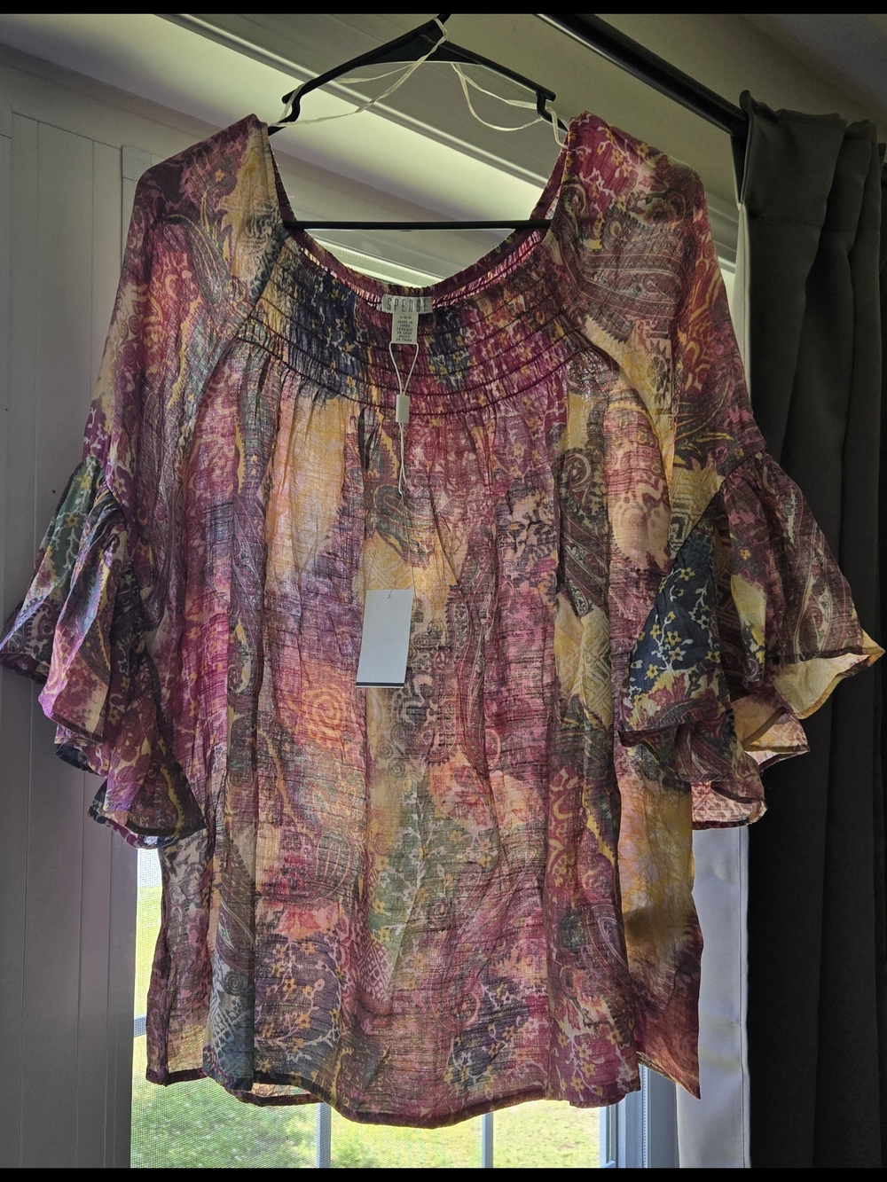 Spense Multicolor Paisley Ruffle Sleeve Peasant Blouse